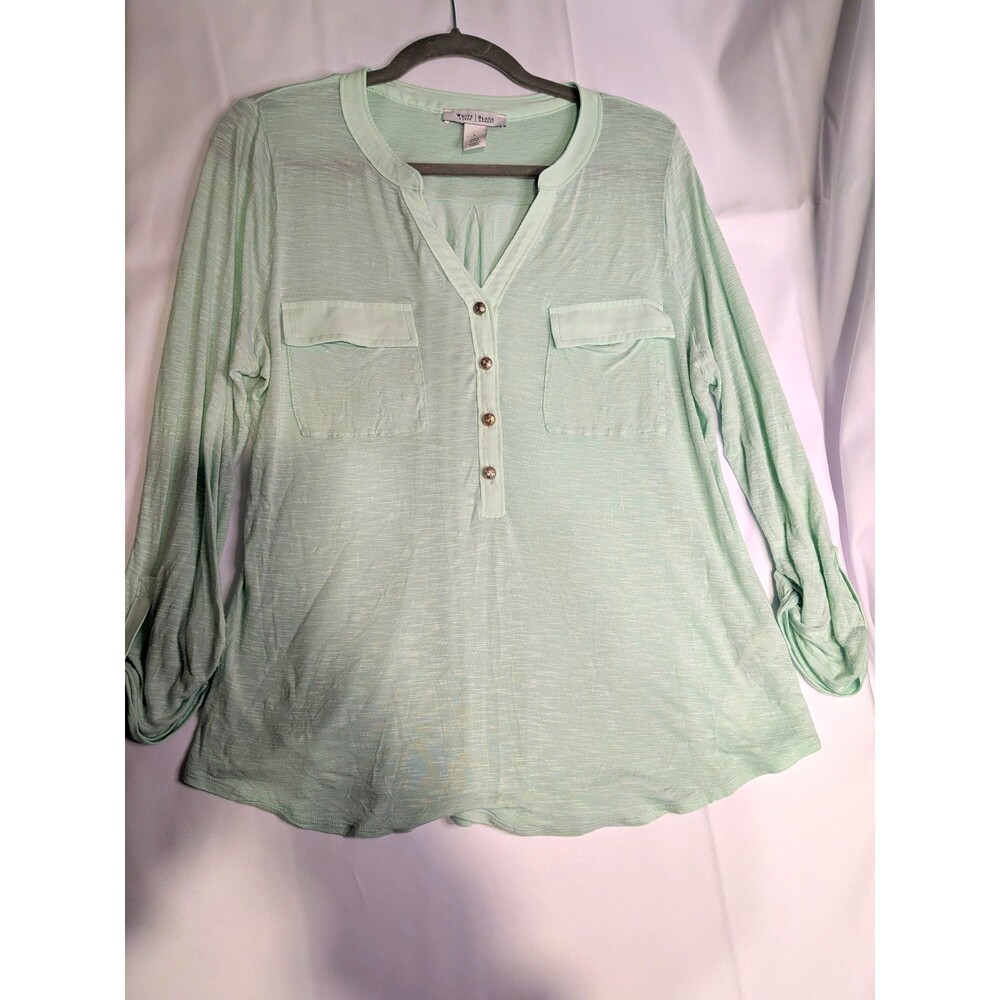 White House Black Market Women’s L Green Solid V-Neck 3/4 Sleeve Henley Blouse